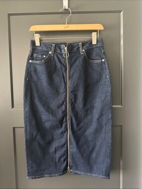 High-Rise Dark Blue Denim Pencil Skirt with Front Zip